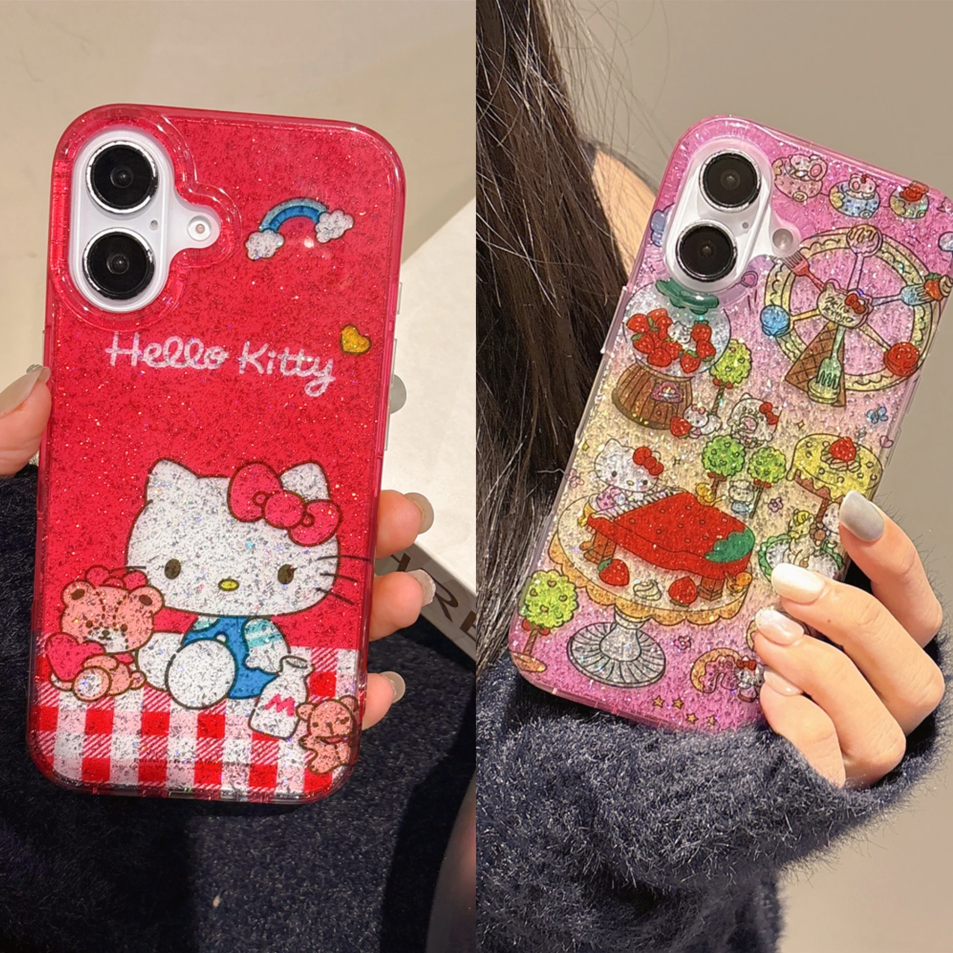 

Rainbow Bear Hello Kitty Phone Case For iPhone 16 Pro Max Glitter Powder Dessert Paradise Hello Kitty For iPhone 15 14 Pro Max