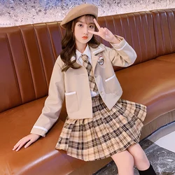 Spring and Autumn New Children's Set Girl's Fashion Suit Shirt Plaid Pleated Skirt Tie Set Princess Party Uniform Academy Style