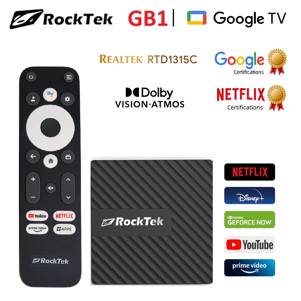 RockTek GB1 TV Dongle with Netflix Google Certified 2GB DDR4 16G eMMC Realtek1315C A55 CPU Mali-G57 GPU Support Dolby Atmos