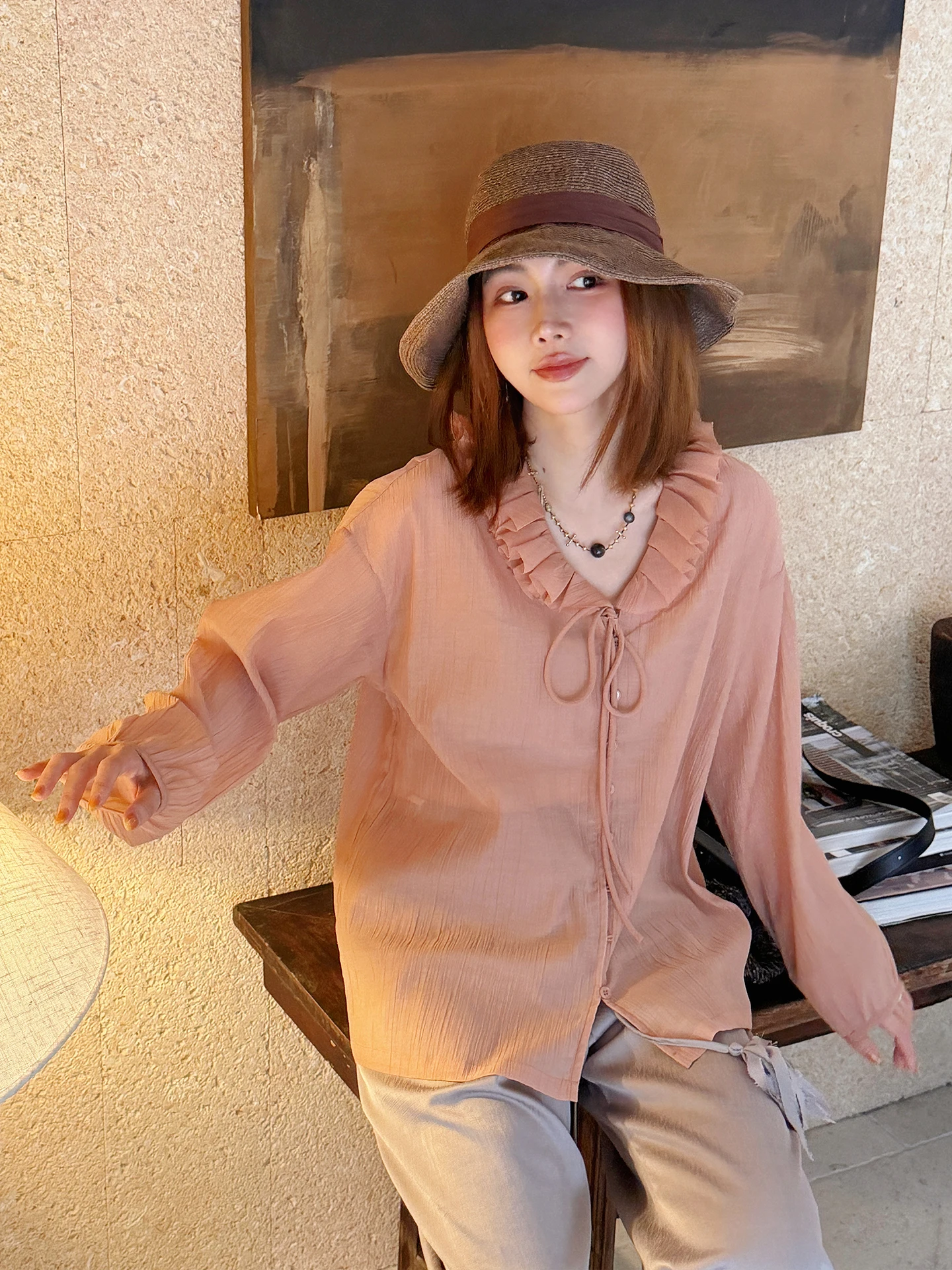 

Loose Cotton Feel Women's Shirt V-Neck Taffeta Ear Lace Casual Style Spring Summer Long Sleeve Washed Resistant to Deformation