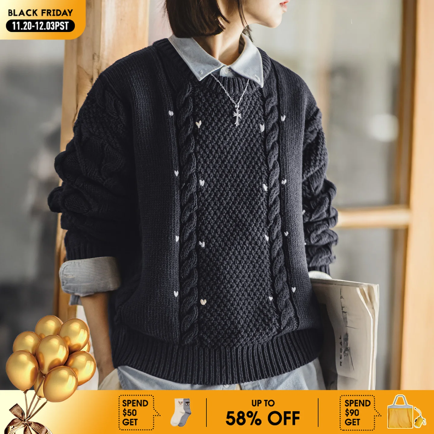 

Maden Women’s Cable Knit Sweater Blue Pullover Heart Pattern Loose Fit Warm Crew Neck Knitwear for Autumn Winter