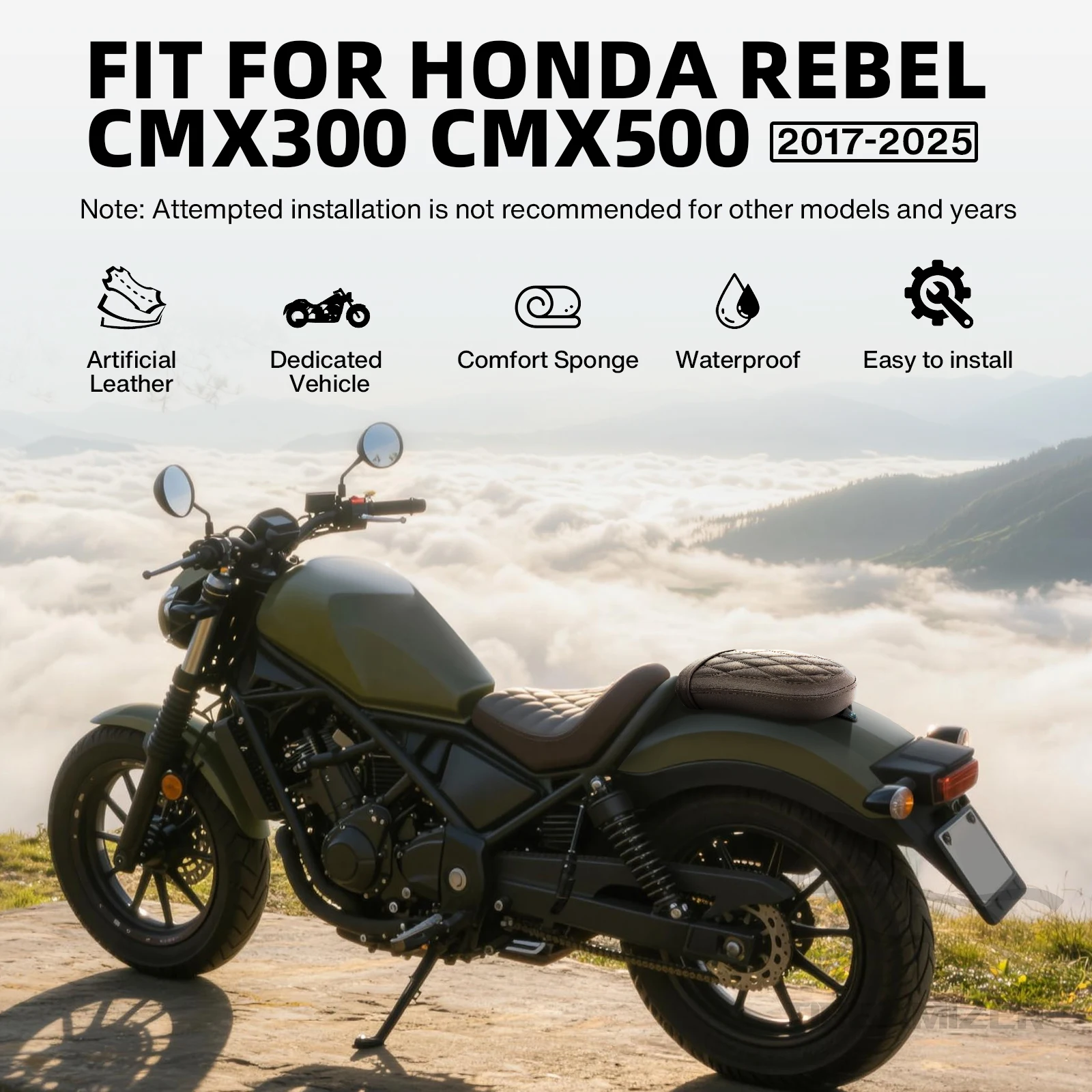 Motorcycle Passenger Seat Rear Cushion Pillion Pad Replacement For Honda REBEL CMX 300 500 2017-2025 Brown-Rear