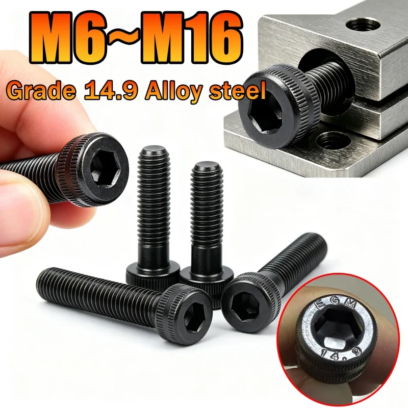 1/2/5pcs M6 M8 M10 M12 M14 M16 Black Grade 14.9 Steel Hexagon Hex Socket Cap Allen Head Screw Bolt Lengthened Long 10-100mm