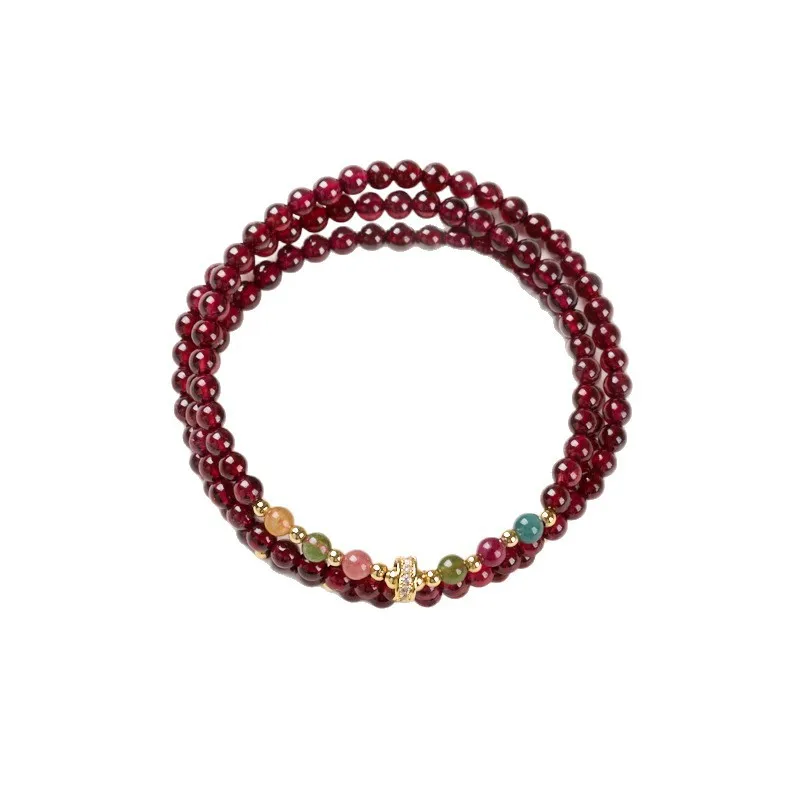 Natural 4MM Garnet Bracelet for Women Rainbow Tourmaline Three Layers Elegant Crystal Bracelet Gifts
