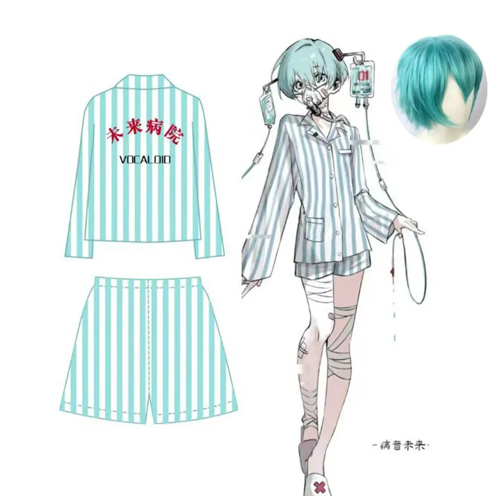 Anime cosplay Miku Blue and White Striped Hospital Uniform Women Men Cosplay Costume Halloween Illness Miku Home Sleepwear