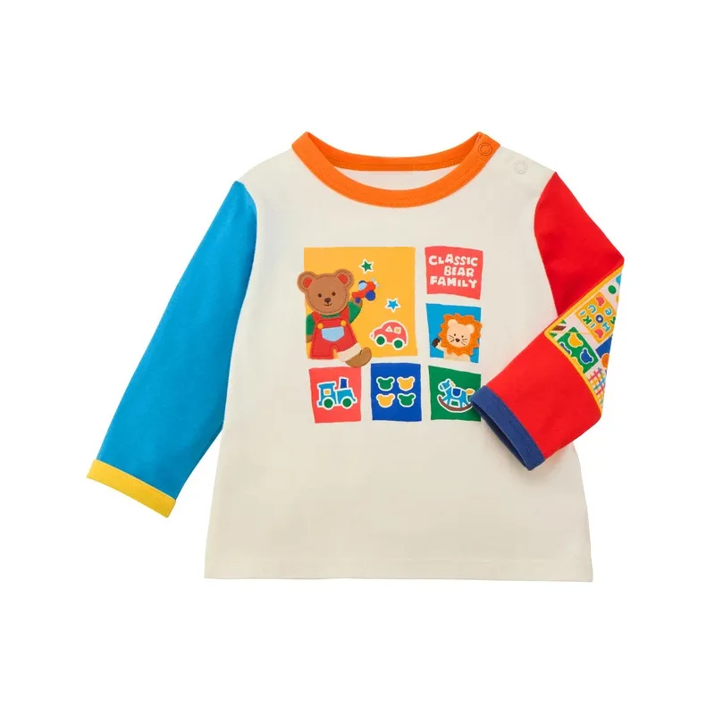 2026 Korean Autumn Bear Colorblock Zoo Print Long Sleeve Tee for Boys Girls Cute Cartoon Baby Round Neck Top Soft Cotton Fabric