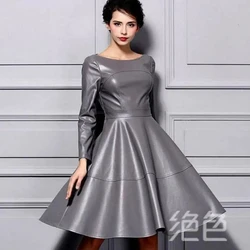 Leather Dress Women Handmade 100% Genuine Lambskin Gray Leather Dress Women Clothing