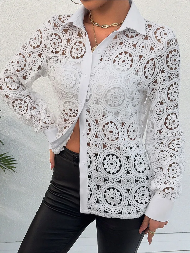 White Lace Patchwork Shirt Blouse Women Spring Summer Unlined Long Sleeve Shirts For Women 2024 Fashion Hollow Out Vintage Tops