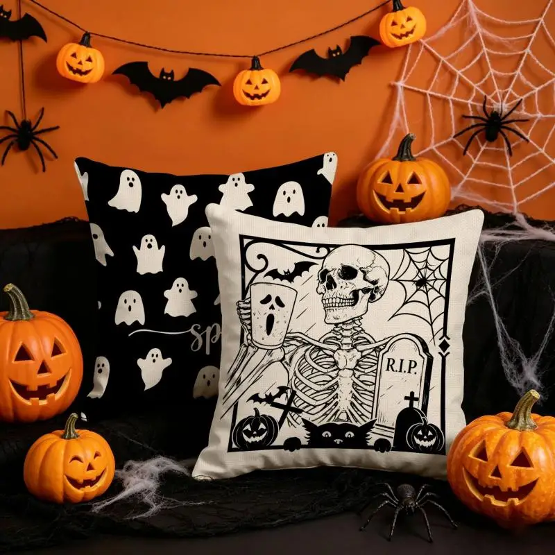 2 Stück Halloween-Kissenbezüge mit Geistermotiv, Totenkopf-Kissenhülle, Dekokissenbezug für Wohnzimmer, Sofakissenbezug – Detail 4