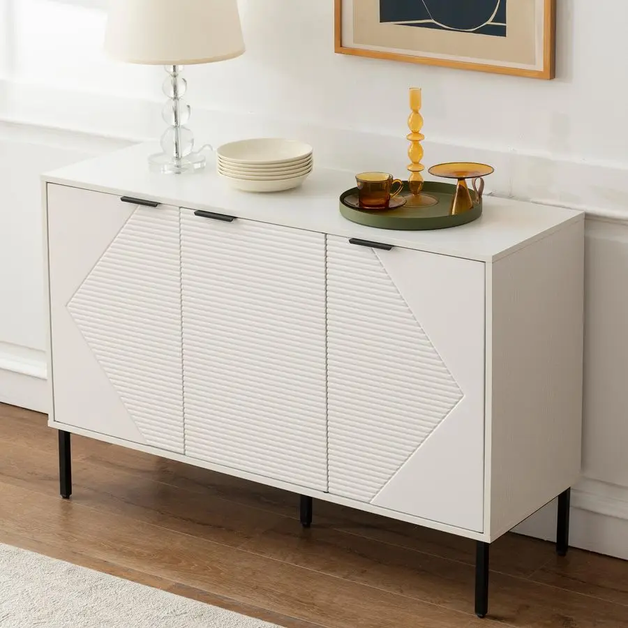 

Buffet Storage Cabinet, Modern 3 Door Coffee Bar with Shelves, Wooden Fluted Entryway Cabinet for Dinning Room, Living Room 1, E