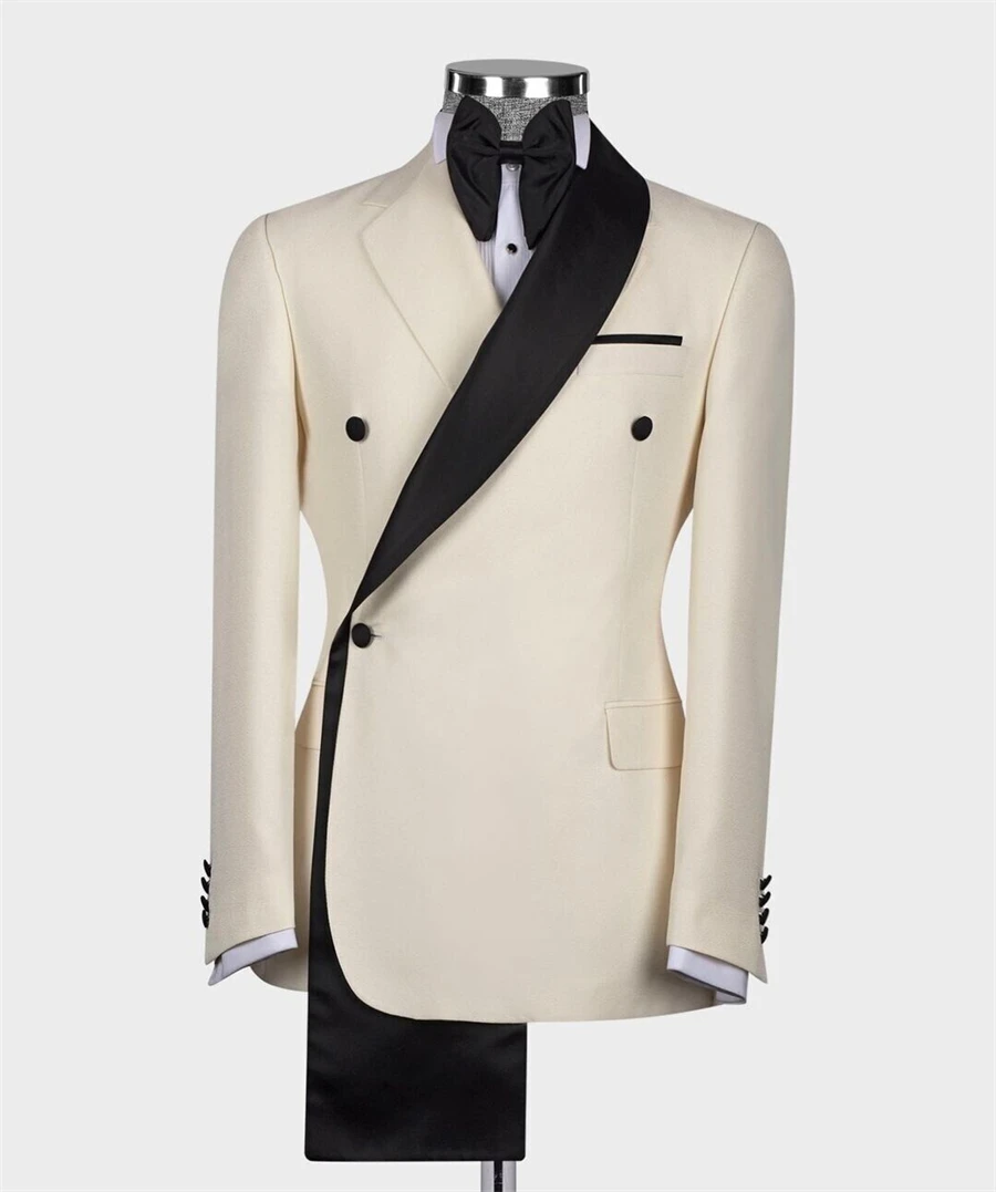 

Double Breasted Black Collar Beige Wedding Tuxedo 2pcs Blazer Pants Customized Men's Suit Formal Business Wear