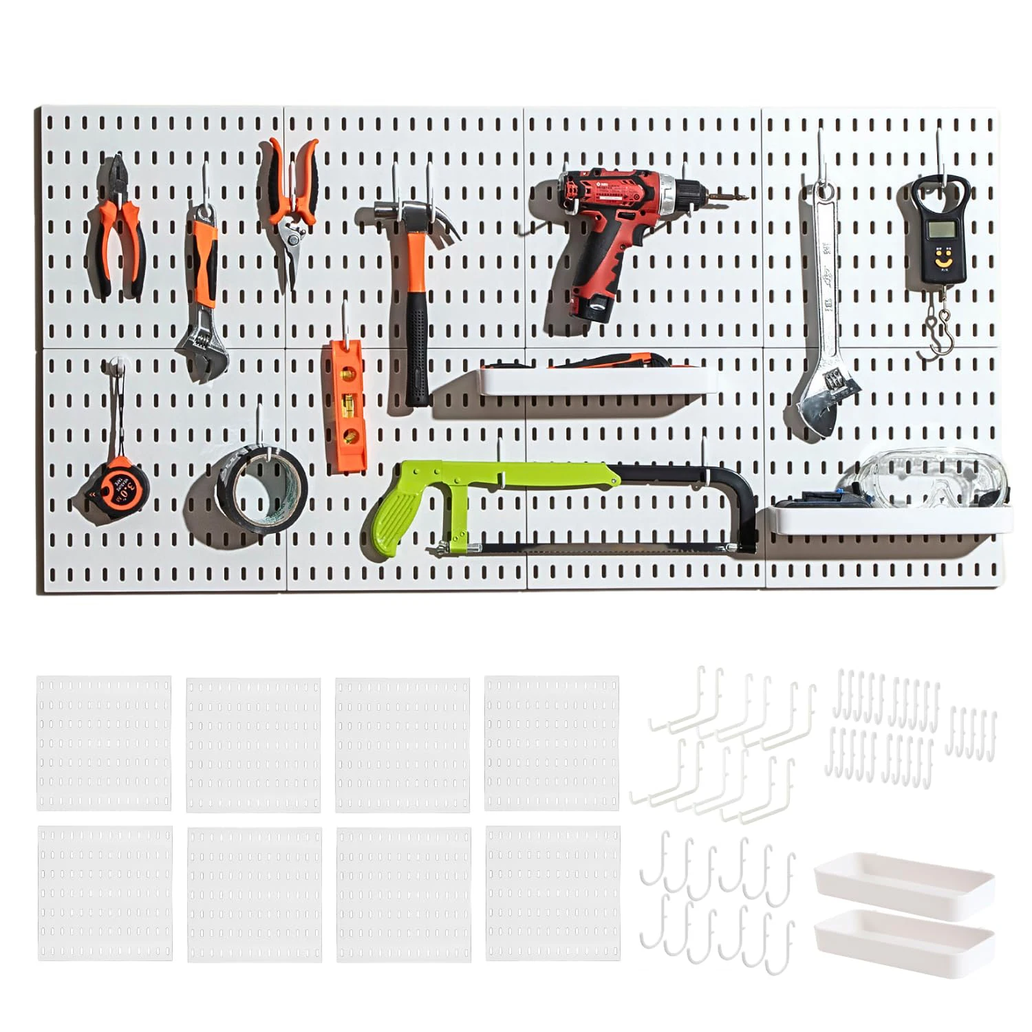 

Pegboard Combination Wall Organizer Kit 8Pcs pegboard 51Pcs Accessories Modular Hanging Craft Organization Nursery Storage White