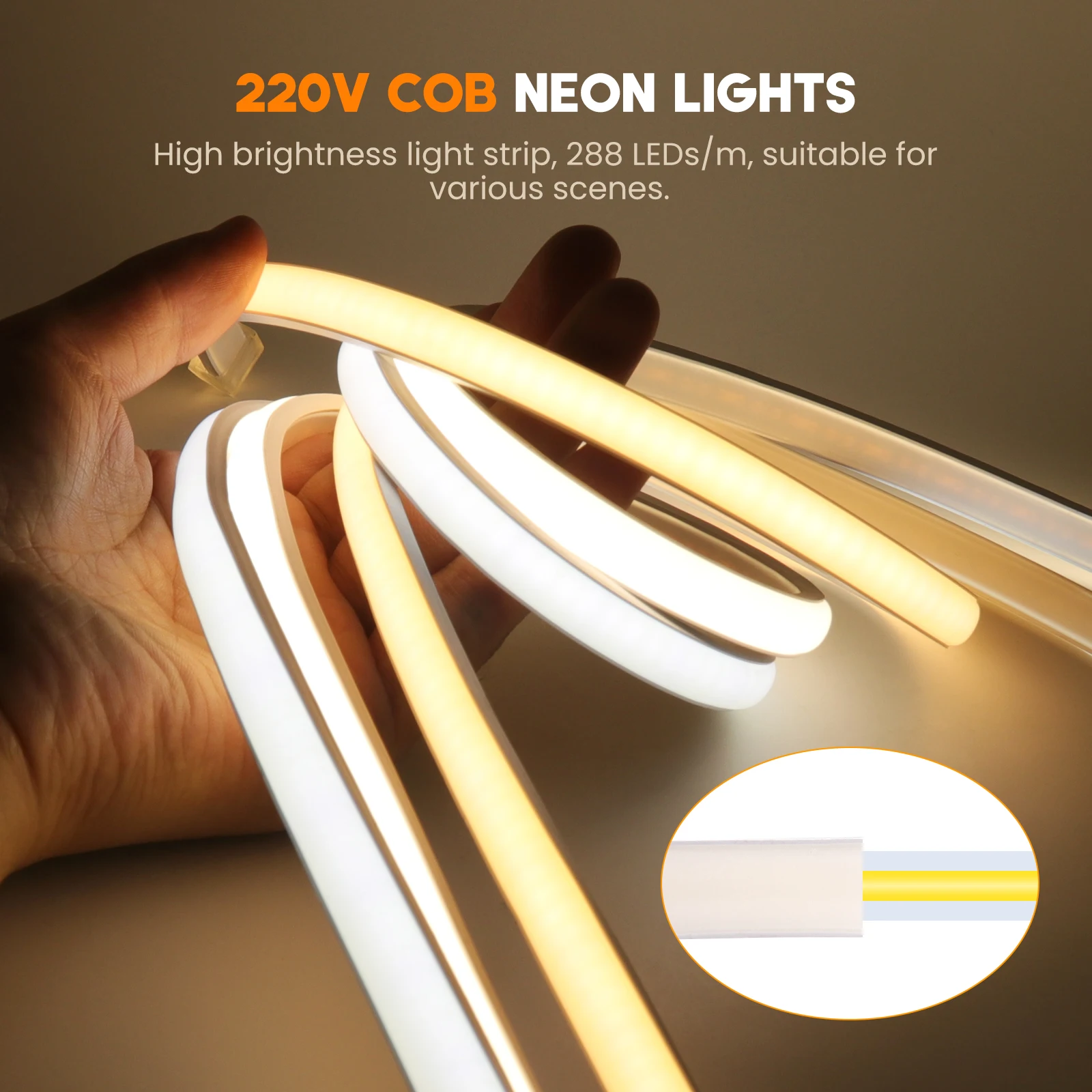 COB LED Lights Strip Waterproof 220V 288 LEDs/M Neon LED Strip Flexible Ribbon Tape for Kitchen Outdoor Garden Bedroom Lighting