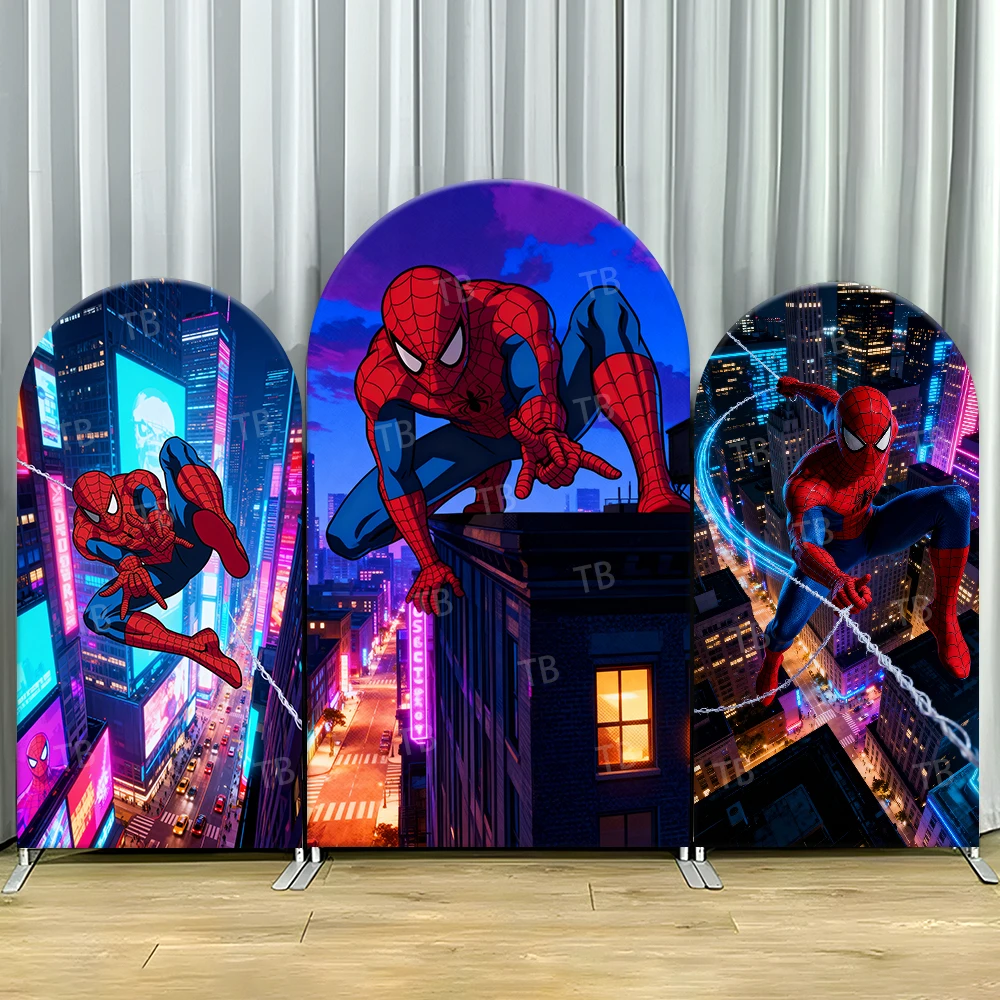 

Spider-Man Neon City Arch Backdrop Cover Action Scene For Kids Birthday Party Dynamic Cartoon Theme Photo Booth Decor Prop