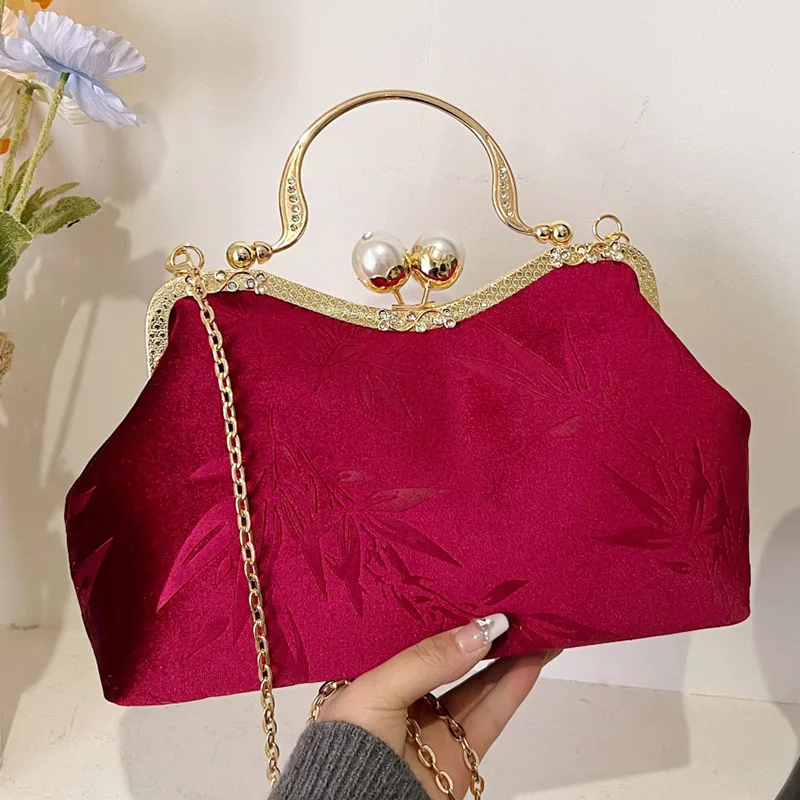 New Women Western Style Embroidered Taxture Shoulder Bags Designer Green Chain Crossbody Bags Retro Corduroy Evening Prom Clutch