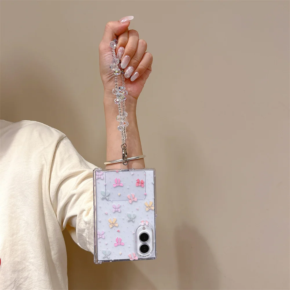 Color Bow Print Phone Case For Samsung Galaxy Z Fold 8 Cover Bead Wrist Lanyard Shockproof Hard PC Protective Phone For Women