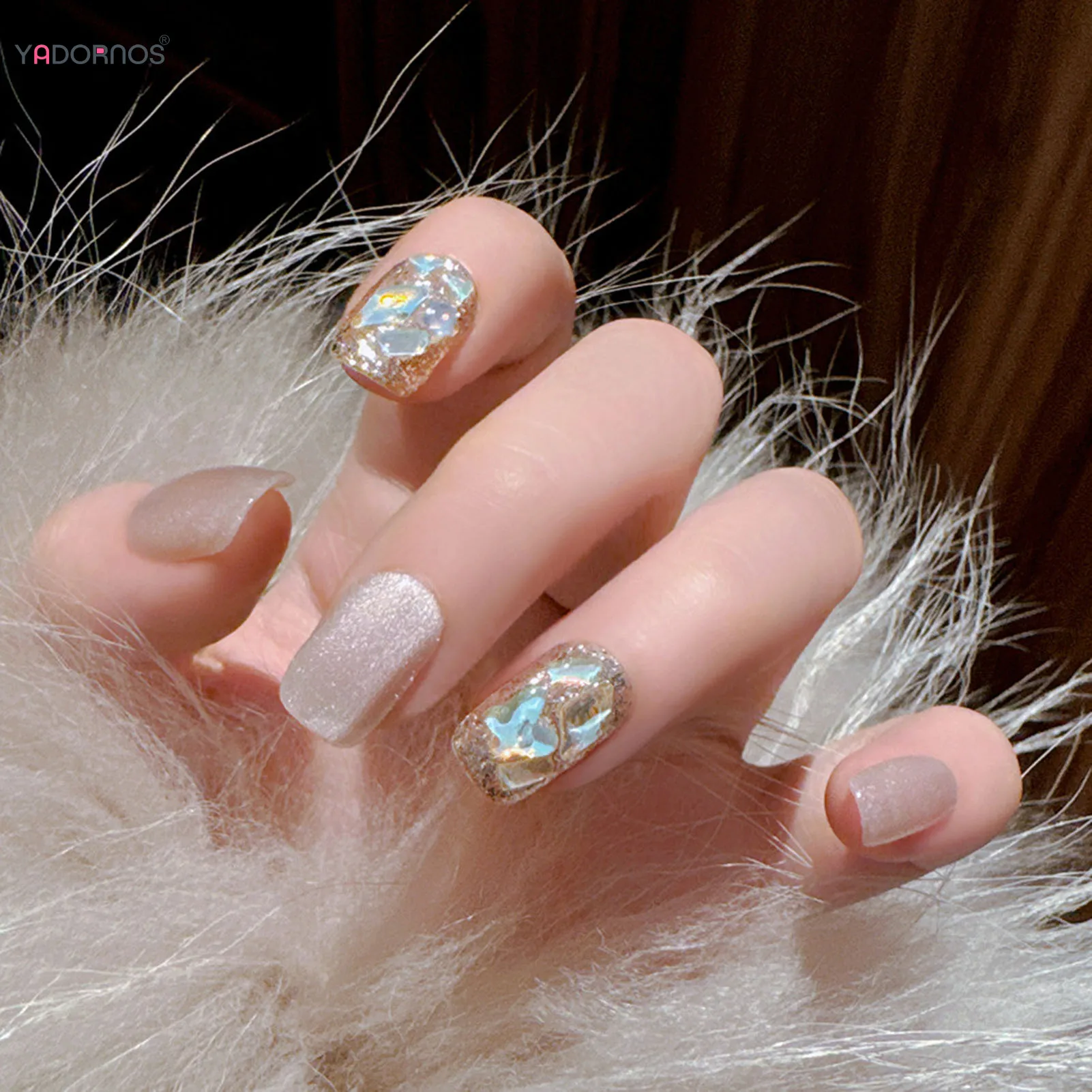 Nackte Farbe gefälschte Nägel handgemachte quadratische Kopf presse auf Nägel Katzenaugen Glitzer Strass entworfen tragbare falsche Nägel Spitzen