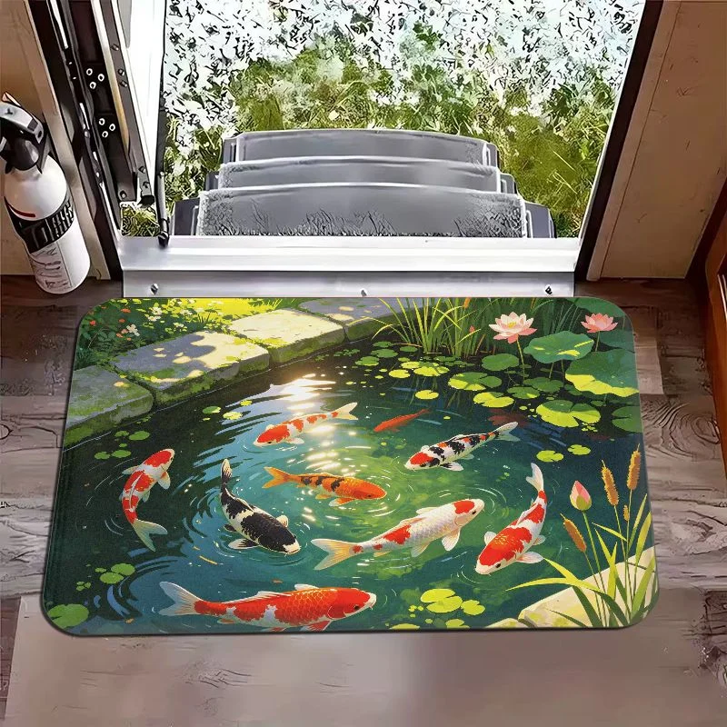 VIKAMA New Chinese Style Lotus Pond Koi Carp Entry Mat, Non-Slip Door Rug for Bathroom & Entryway, Elegant Home Decor