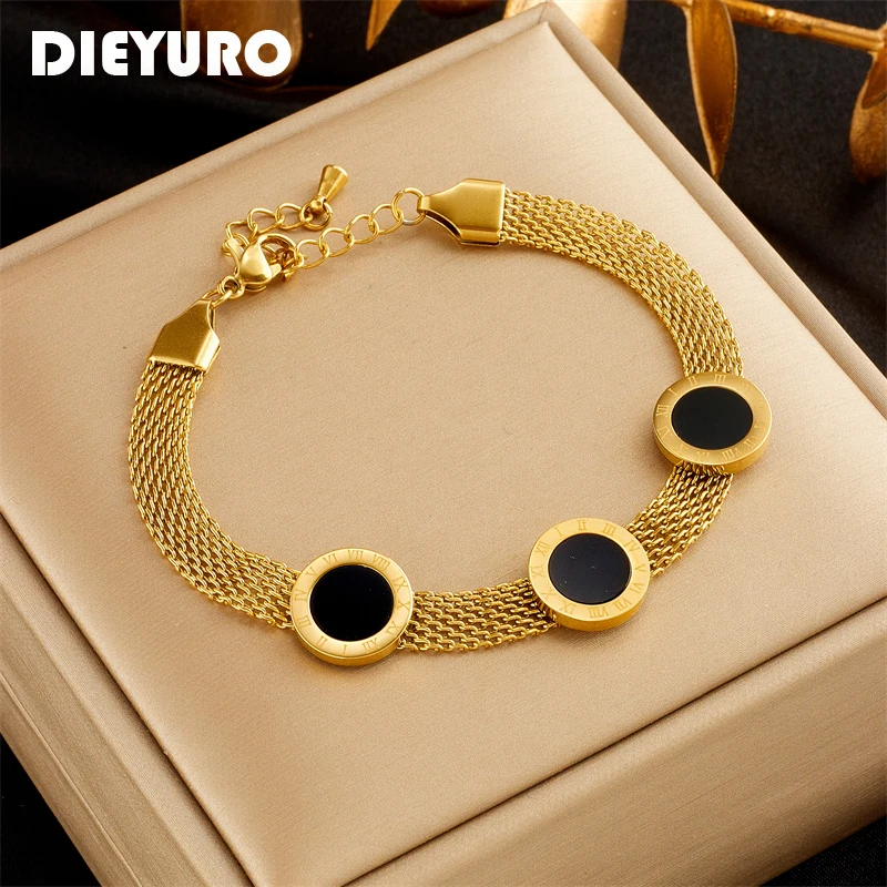 

DIEYURO 316L Stainless Steel Round Roman Numeral Dial Charm Bracelet For Women New Fashion Gold Color Watch Chain Jewelry Gifts