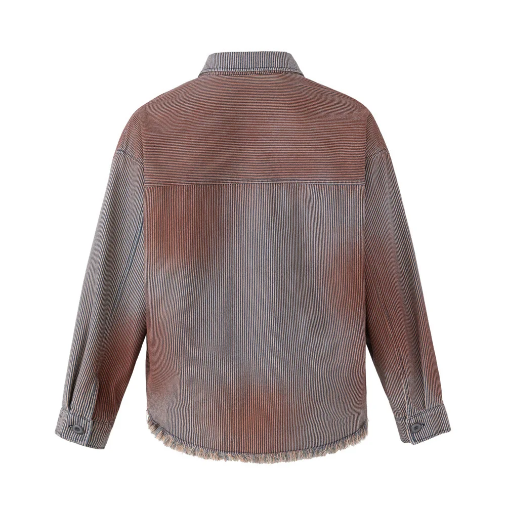 MWJLPWQ Niche Vintage Distressed Denim Shirt Men Spring Autumn Spray-Painted Tie-Dye Frayed Whiskered Vertical Striped Top 21543