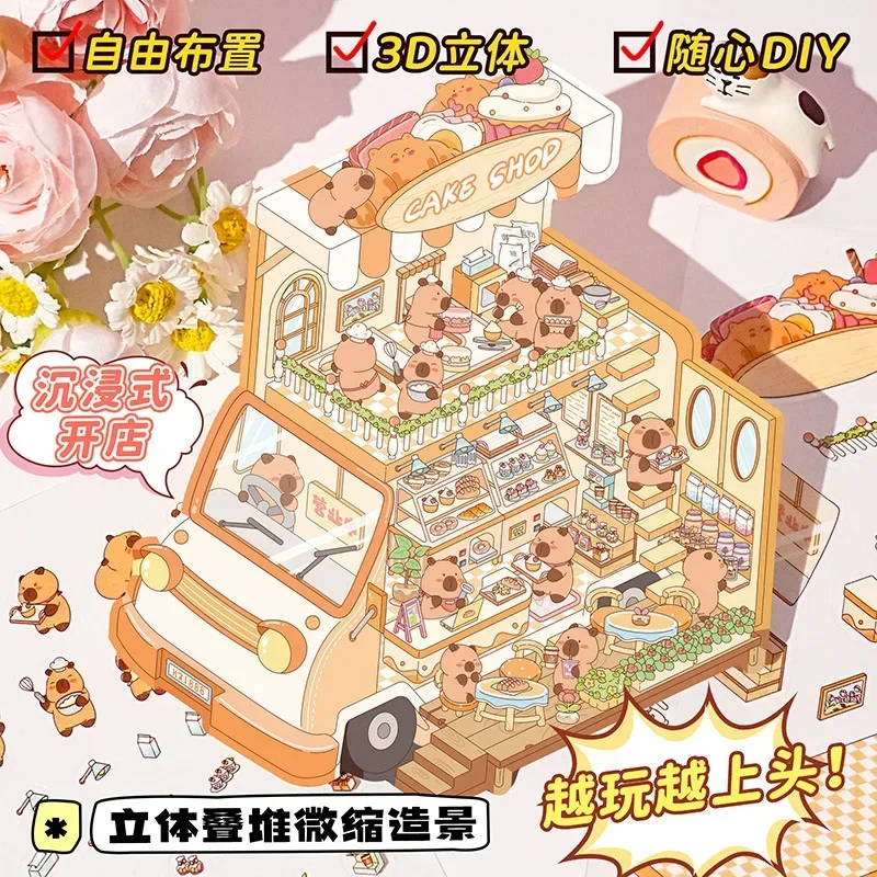 Cartoon Capybara Town Landscape Sticker 2.5D DIY Pocket Cabin Scene Game Stickers Christmas Gift For