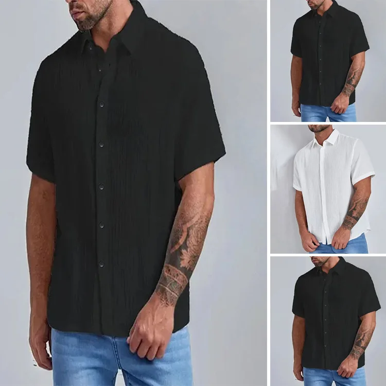 Men's Cotton Fashion Solid Color Double-layer Wrinkled Short-sleeved Shirt Summer Fashion Simple Multi-color Shirt