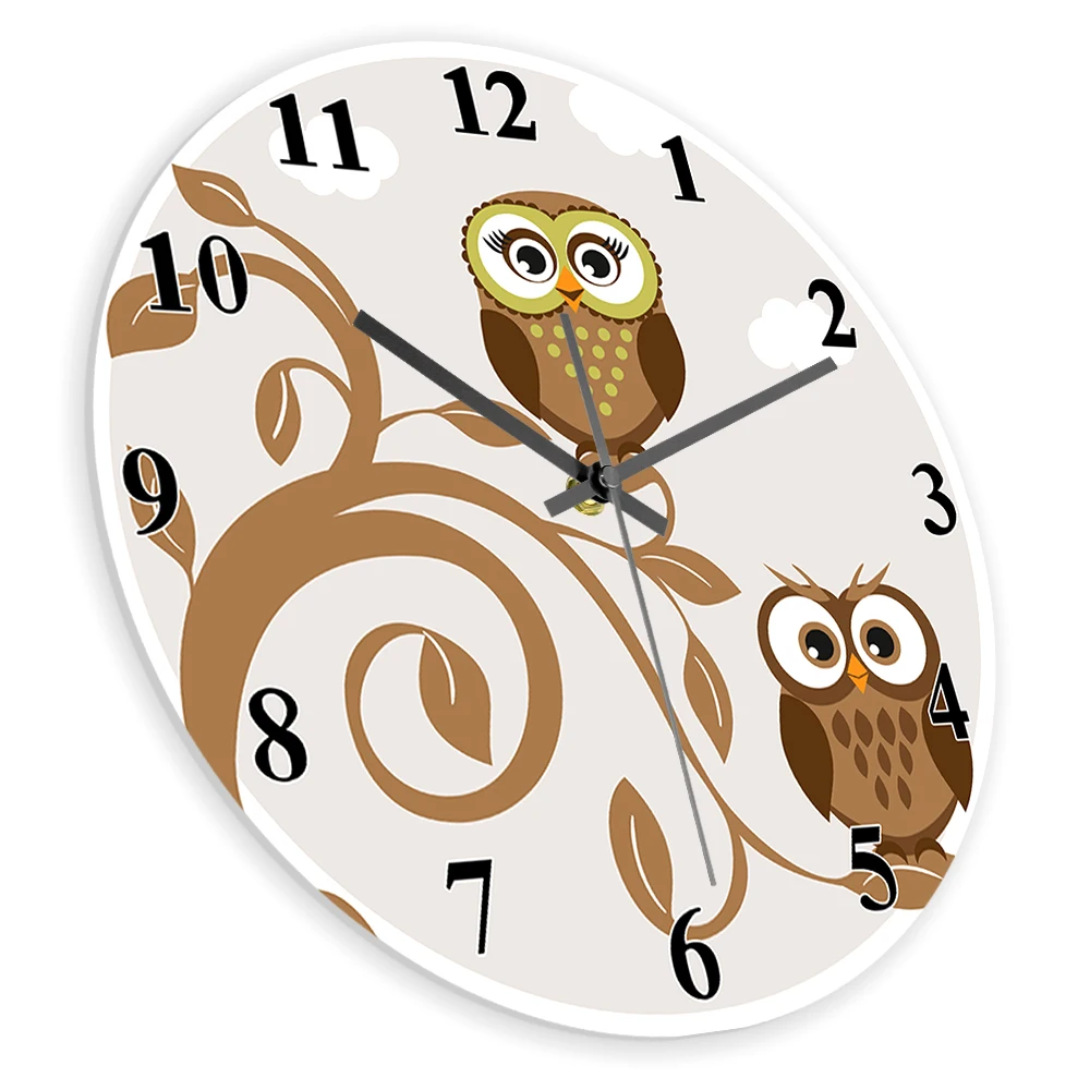 Whimsical Cartoon Owls on Tree Branch Silent Quartz Wall Clock for Nursery Kid Bedroom Playroom Woodland Animal Home Decor Watch