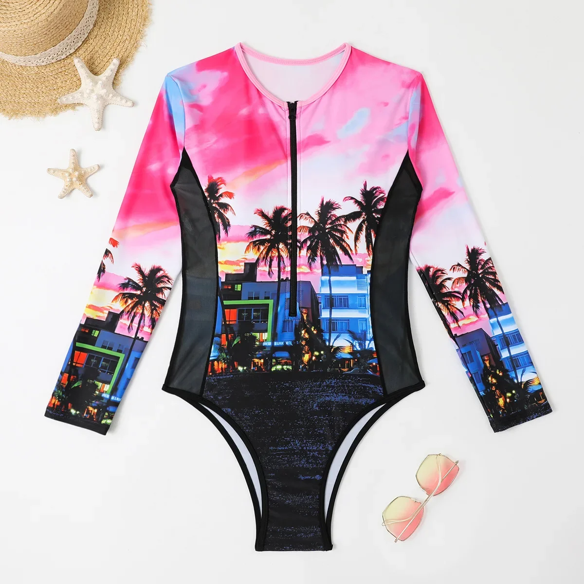 New Sexy Splicing Long Sleeve Surfing Suit Swimwear Women Printed Zipper Front One Piece Swimsuit sun-proof Surf Bathing Suits