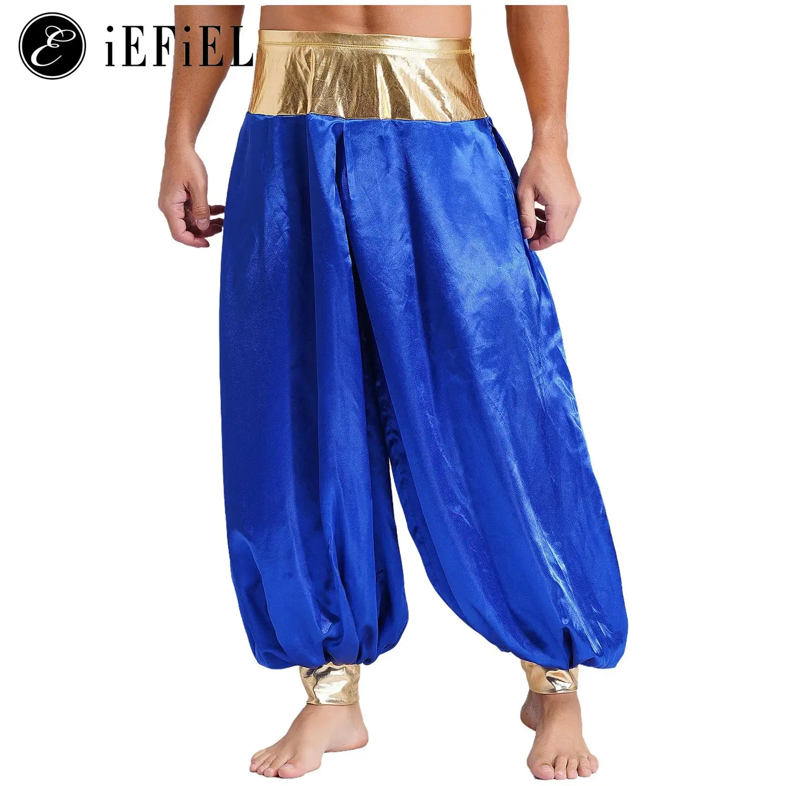 

Men‘s Gold Waist Harem Dance Pants Arabian Prince Street Dance Long Trousers Halloween Cosplay Party Dancewear