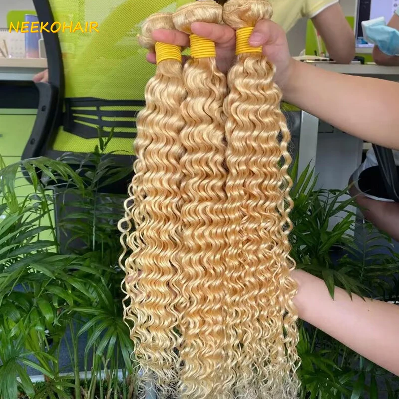 613 Blonde Deep Wave Bundles With 4x4 Closure Weave Remy Brazilian Human Hair 613 Honey Blonde Curly 3 Bundles With 13X4 Frontal