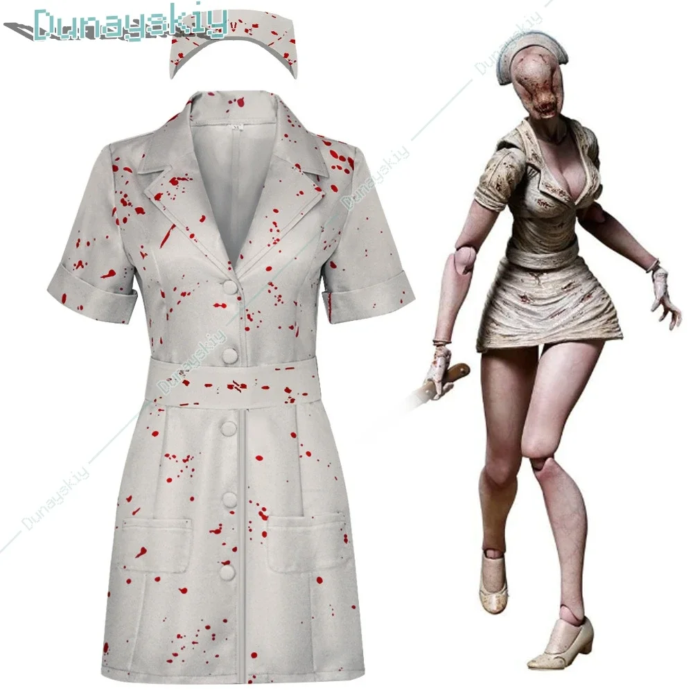 Cosplayenfermeira cosplay uniforme anime silent hill 2 traje mancha de sangue vestido chapéu conjunto festa de halloween role play terror enfermeira outfit