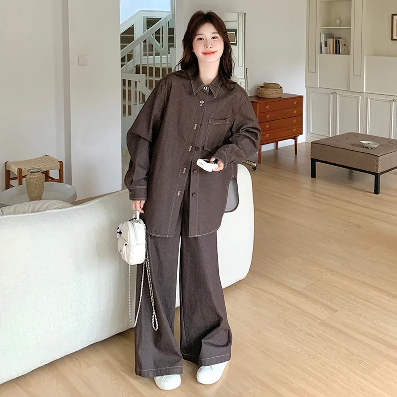 Traje vaquero informal de café para mujer, abrigo dulce, pantalones de pierna ancha de cintura alta, traje de dos piezas, primavera 2025