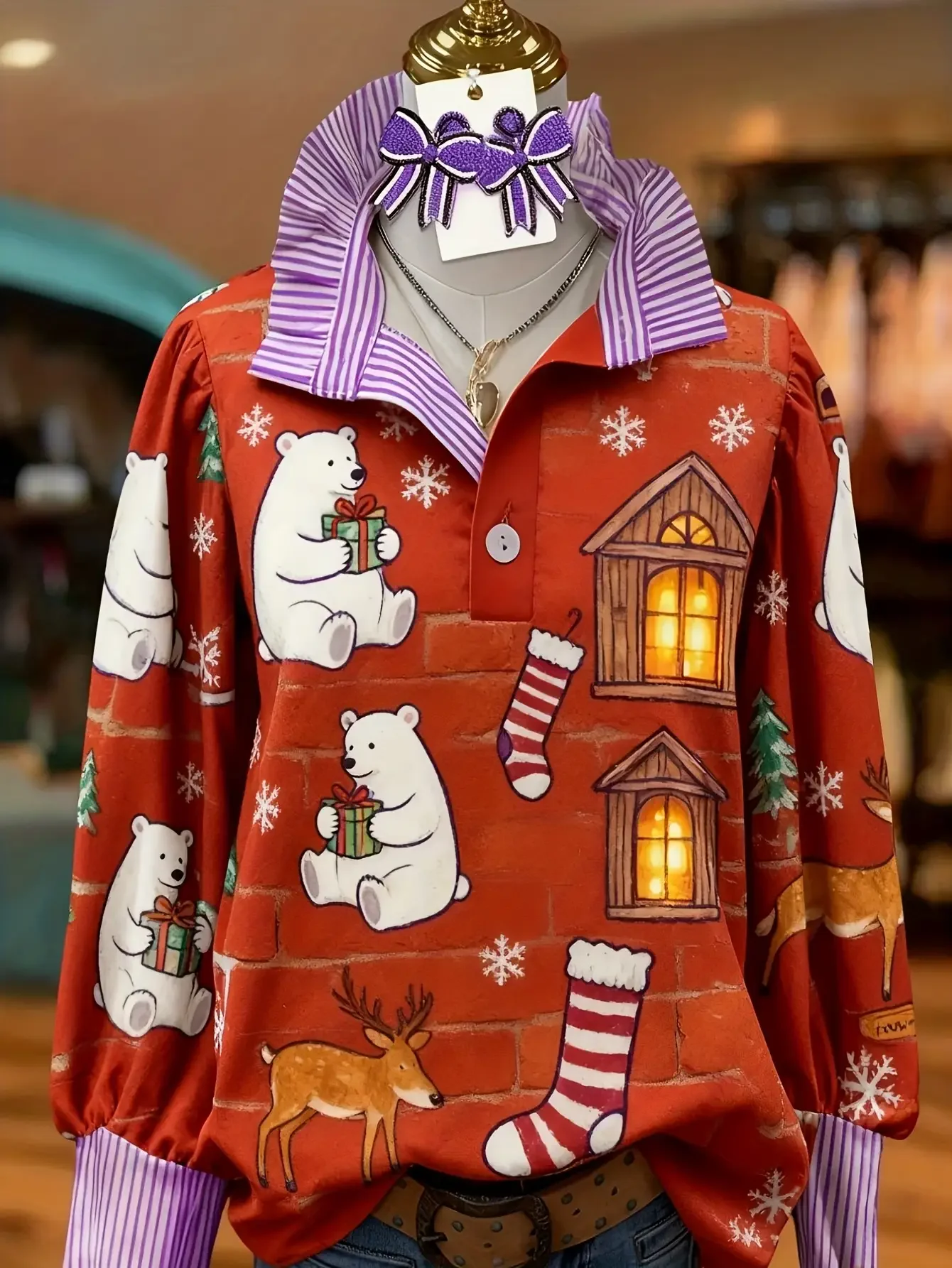 

Christmas women's striped shirt with multi-color striped collar and Cute polar bear print