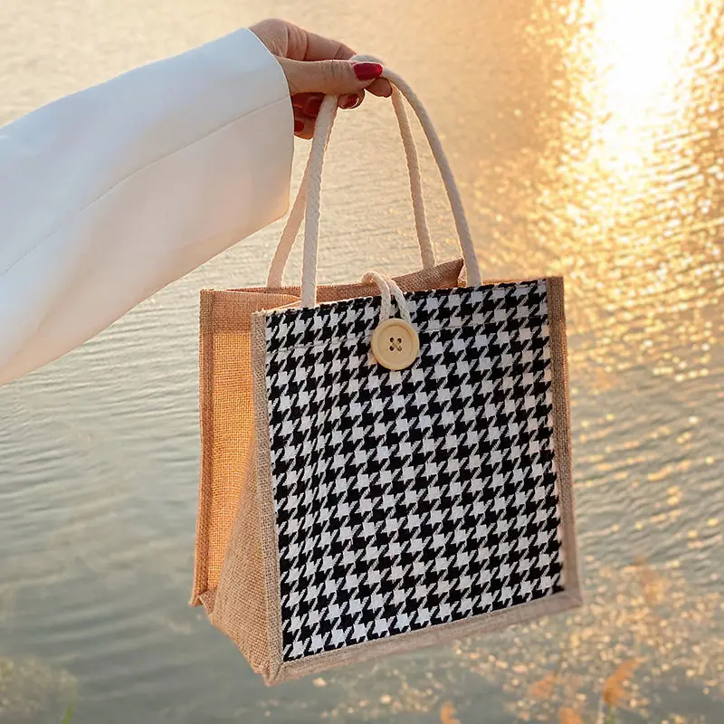 Houndstooth Lunch Bags Linen Fashion Ins Large Capacity Food Storage Tote Bag Functional Portable Travel Picnic Outdoor Lady New