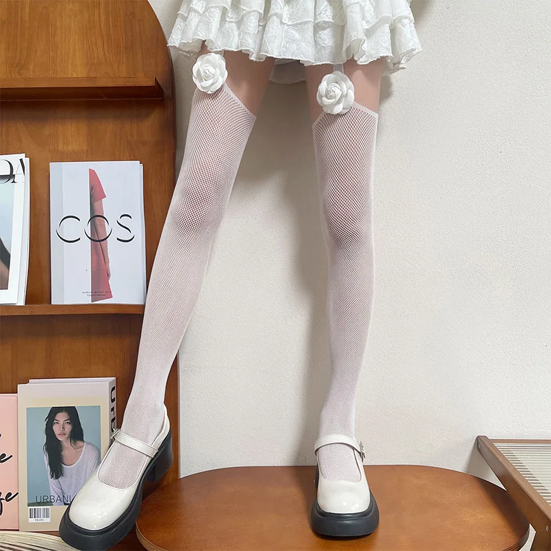 Retro Kamelien-Spitzen-Strumpfhose mit sexy Trägern, Netzstrumpfhose für Damen, Pure Desire Strumpfhose für Frauen