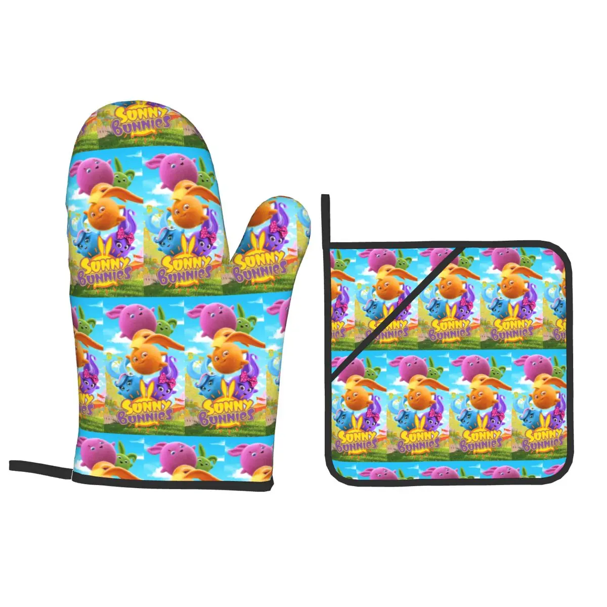 Sunny Bunnies Anime Cartoon Oven Mitts and Pot Holder Sets of 4 for Baking Kitchen Cooking BBQ Resistant Non-Slip Gloves
