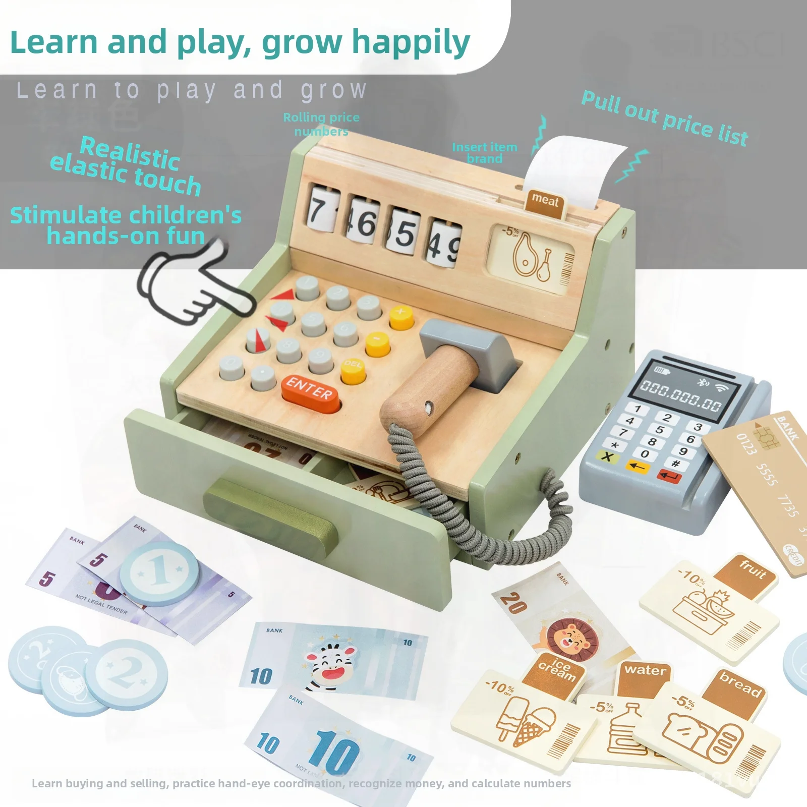 Children's Wooden Cash Register Toy Simulation Supermarket Playhouse Early Education Educational Pretend Play for Boys & Girls