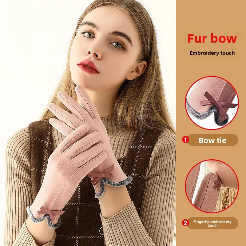 Autumn Winter New Bow Womens Velvet Windproof Cold Proof Warm Gloves Touch Screen Riding Cycling Non Slip Soft Cozy Fashion