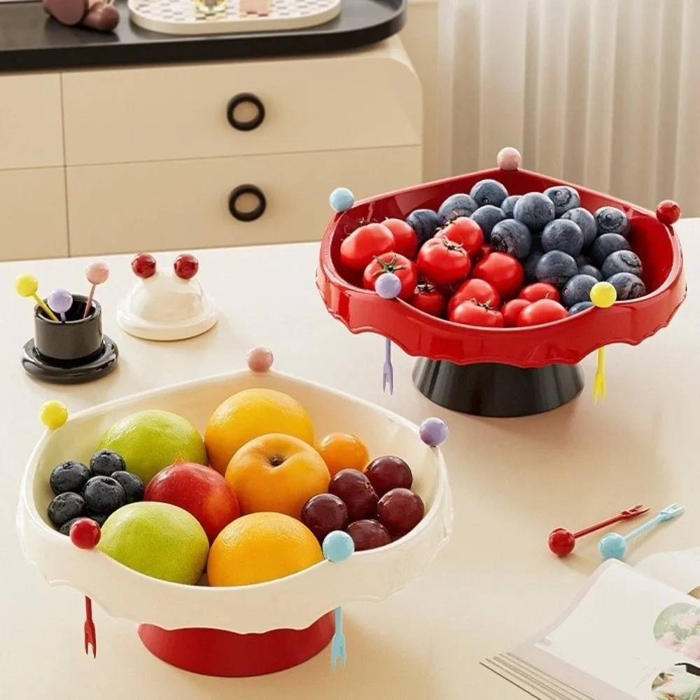 360° Rotating Fruit Bowl with Fork Draining High Legged Snack Storage Plate Detachable Plastic Fruit Serving Plate Tea Table