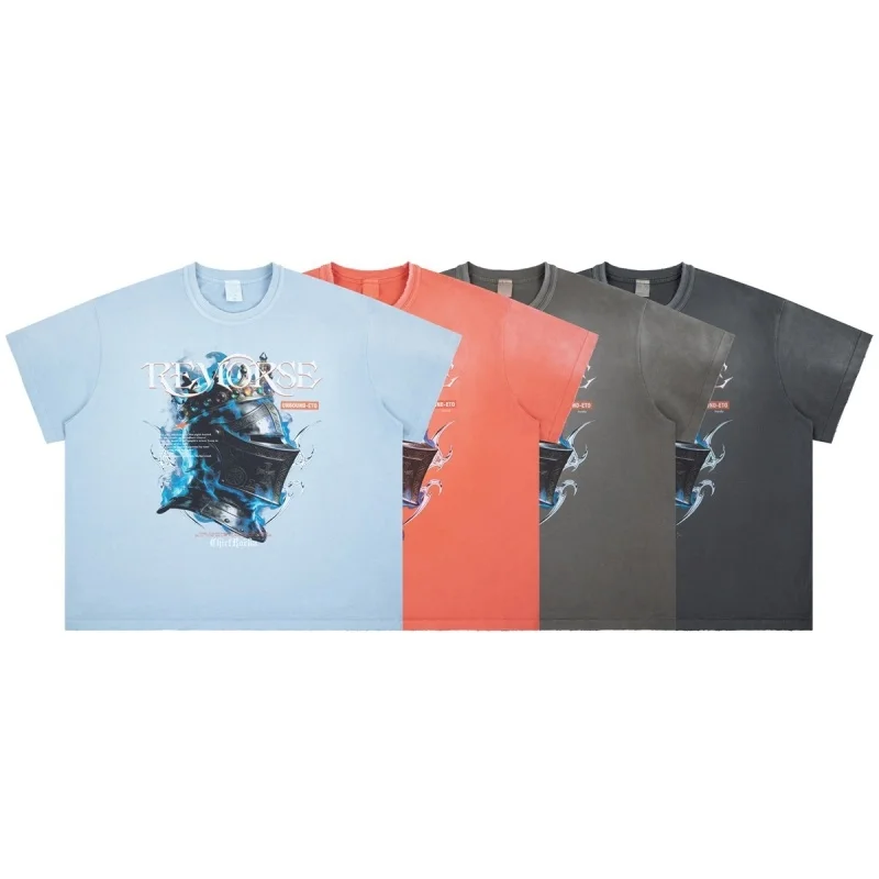 Retro Washed Knight Helmet with Blue Flame Graphic T-Shirt Men Oversized Loose Fit Streetwear Short Sleeve Tops