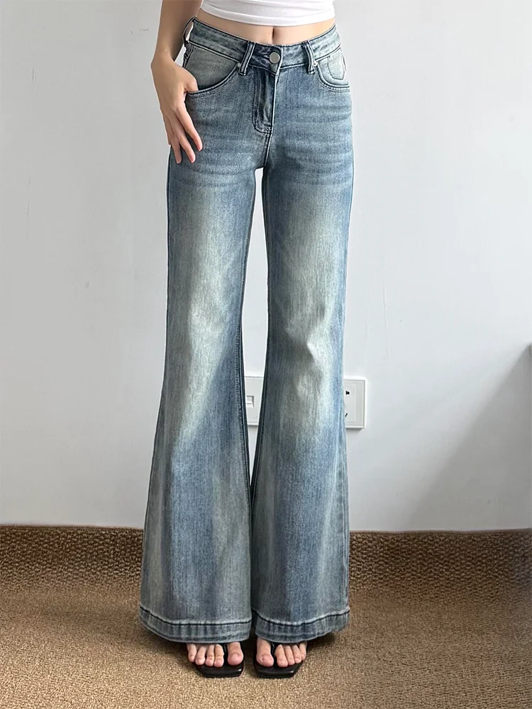 Retro American Large Size Denim Jeans Women's Slim Fit Elastic Versatile Slimming Washed out Micro Flared Pants Casual Wear