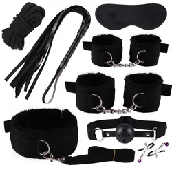 8pcs Sex Toy Kits for Couple Erotic Slave Bondage Set BDSM Soft Neck Handcuffs Adult Games Restraints Mouth Gags Nipple Clip Set