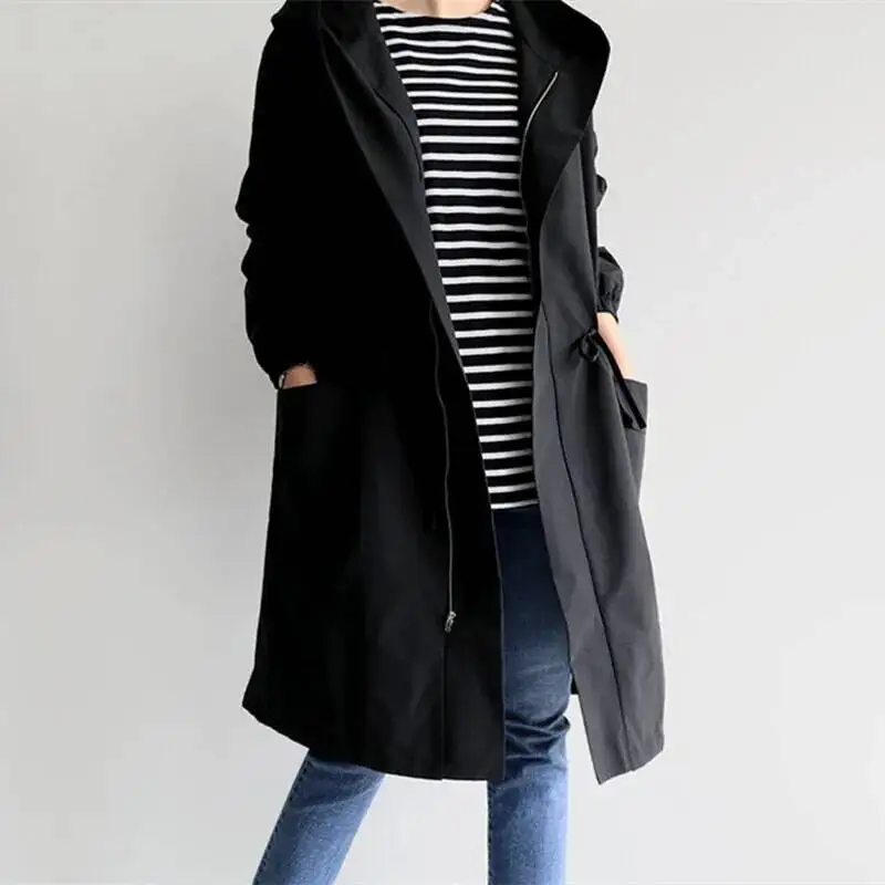 Japanese and Korean Autumn New Small Size Long Sleeve Hooded Trench Coat Drawstring Women's Mid-length Jacket
