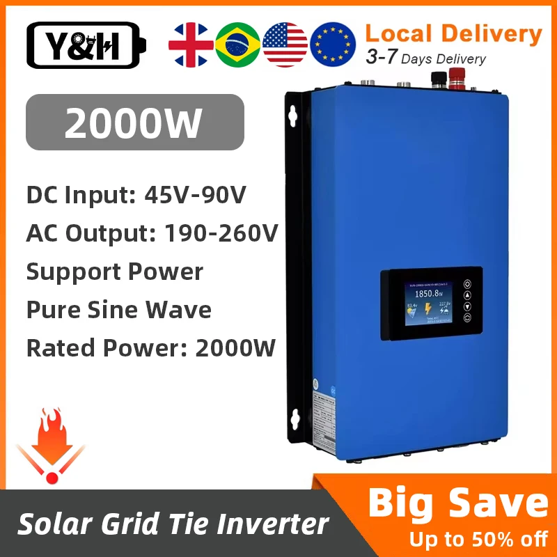 Y&H 2000W MPPT Grid Tie Solar Inverter DC45-90V to AC190-260V With Limiter Sensor 48V 60V 72V Battery Support WiFi Communication