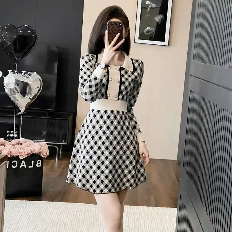 #0943 Knitted Sweater Dress Women Polo Collar Buttons Mini Dress Female Slim Fit Sexy Vintage Short Dress Ladies A-line Retro