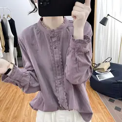 2023 New Spring and Autumn Vintage Standing Collar Ruffle Sleeve Lace Panel Button Commuter Casual Solid Color Women's Shirt