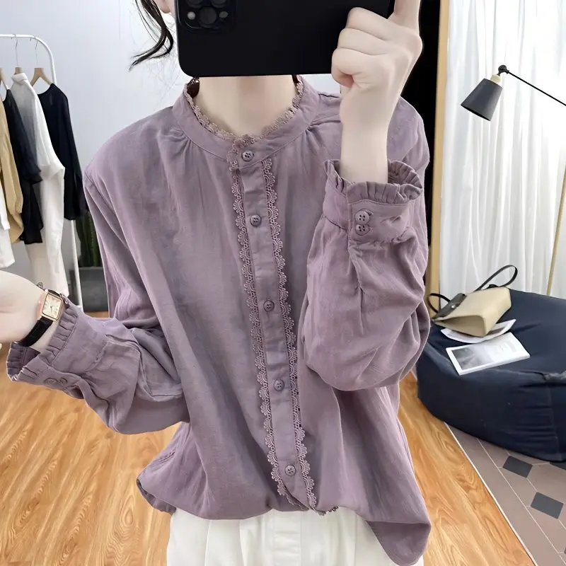 2023 New Spring and Autumn Vintage Standing Collar Ruffle Sleeve Lace Panel Button Commuter Casual Solid Color Women's Shirt