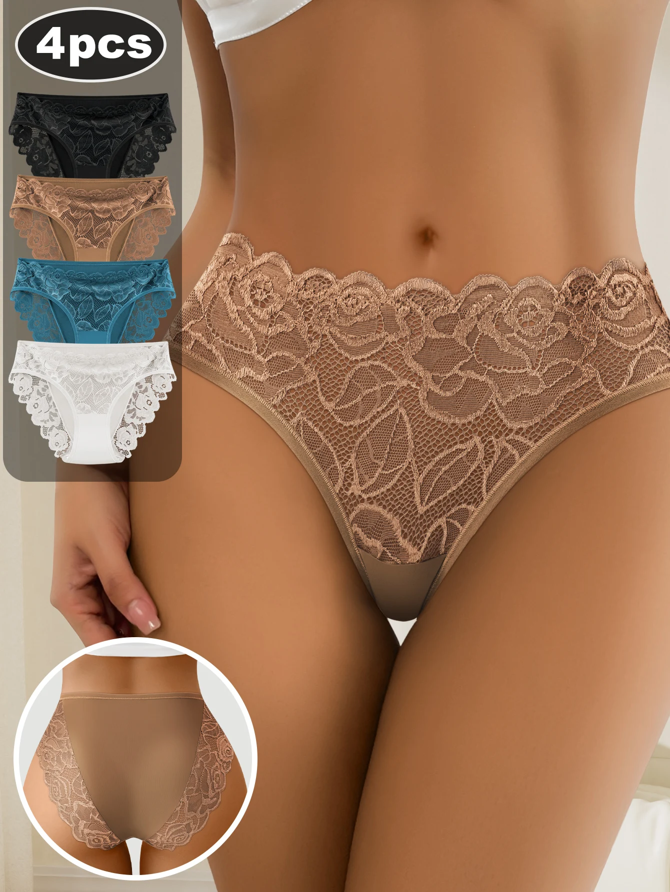 

Комплект из 4 женских элегантных кружевных нижнего белья со средней посадкой, мягкий дышащий и удобный женский эластичный дизайн