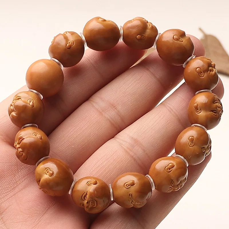 Carved Short Round Iron Olive Pit Mala Bracelet with Naughty Happy Maitreya Statues for Men Gifts