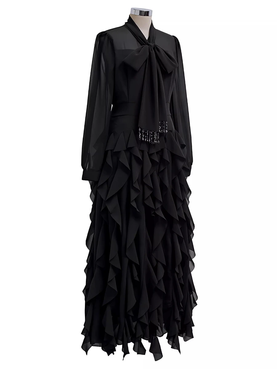 CHICEVER Solid Sheer Spliced Ruffles Elegant Dresses for Women Stand Neck Long Sleeves Tunic Patchwork Bowknot Dress Female New